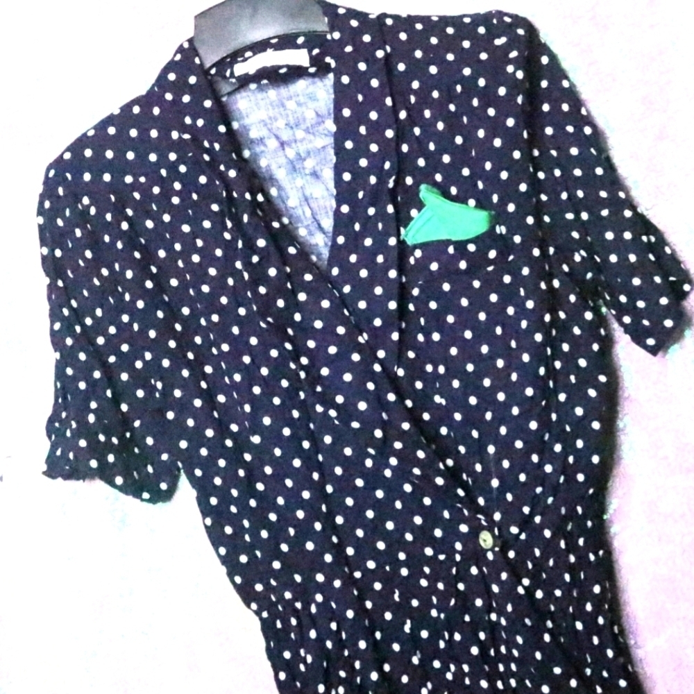 NAVY POLKA DOT ROMPER M Nancy G Emerald Green Vintage Shoulderpads Playsuit 60s